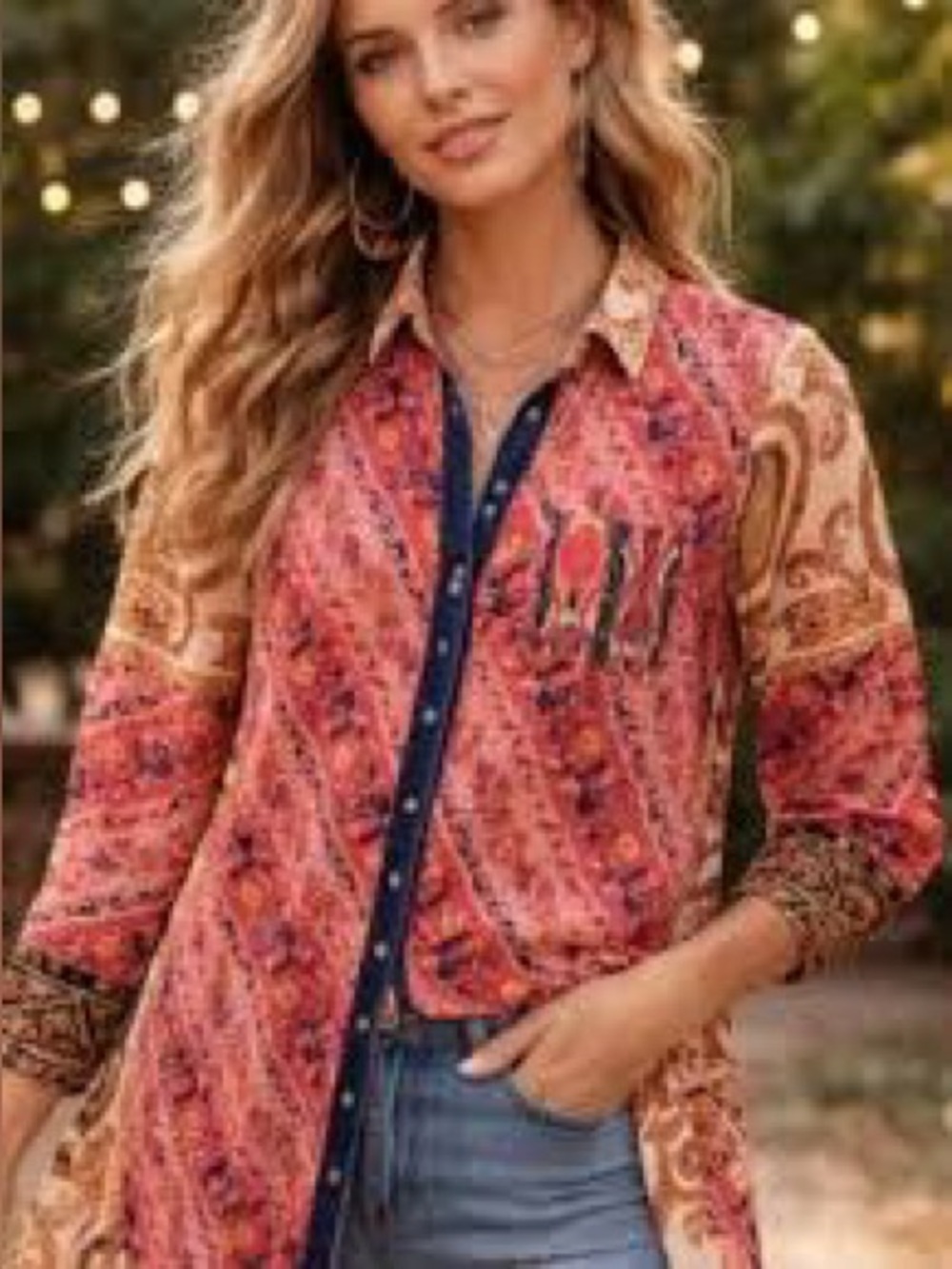Soft Surroundings multi media colorful button front tunic top 1X